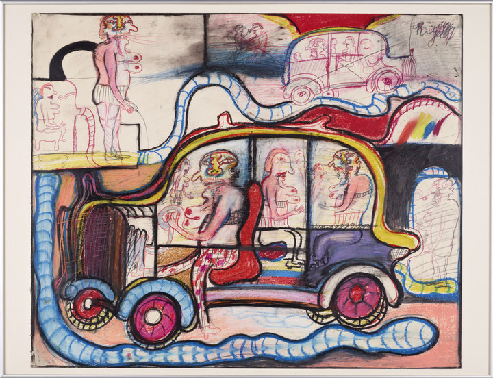 Franz Ringel <i>Autofahren ist lustig</i>, Bleistift, Buntstift, Ölkreide auf Papier, 1969 mumok - Museum moderner Kunst Stiftung Ludwig Wien, Leihgabe der Artothek des Bundes seit 1971  © mumok - Museum moderner Kunst Stiftung Ludwig Wien