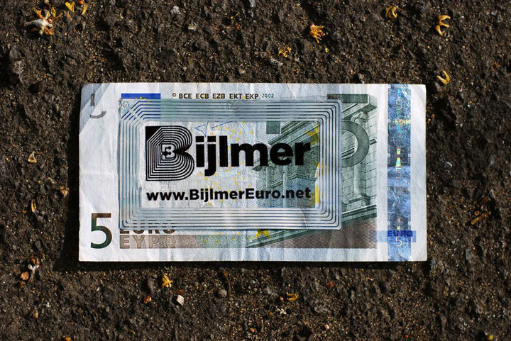 Christian Nold, <i>Bijlmer Euro Banknote</i>, 2011, 5-euro bill with recycled RFID ticket and a Bijlmer label pasted on it