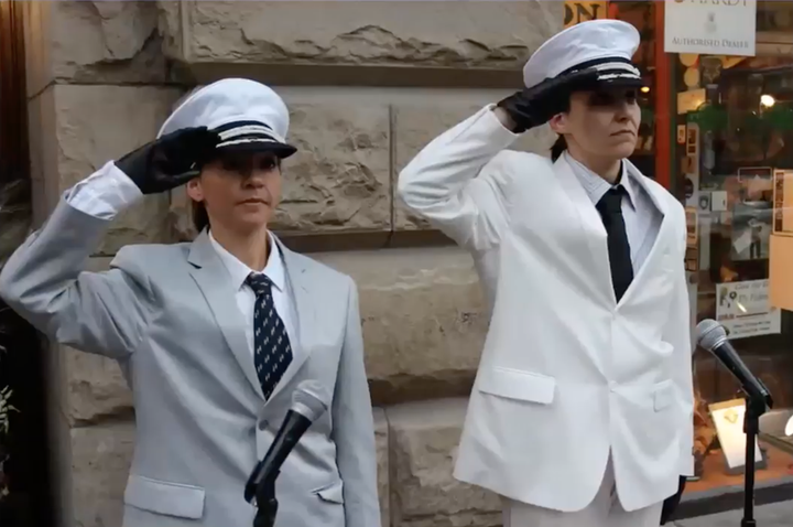 Bojana Videkanić, <i>Summit</i>, 2012;  Videkanić (right) salutes as Tito in Canada