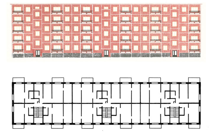 Outline and plan of the panel building system 1-464 widespread in the USSR, from <i>Varianty fasadov krupnopanel'nykh zhilykh domov serii 1-464A</i> (Moscow 1964) (outline) and <i>Istoriya Arkhitektury Byelorussii</i> (Minsk 1975) (map)