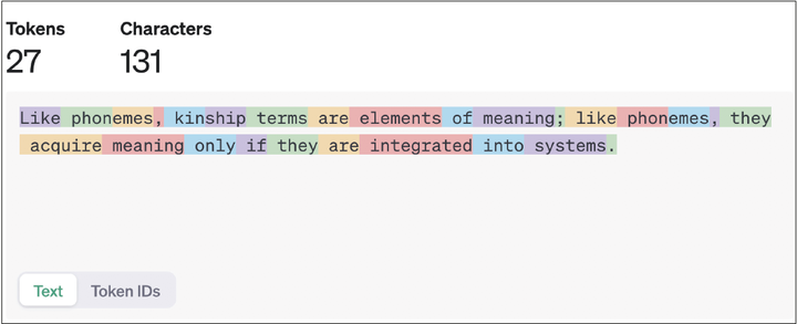 Tokenizer von OpenAI mit einem Beispielsatz aus Claude Lévi-Strauss' Strukturaler Anthropologie, h ttps://platform.openai.com/tokenizer