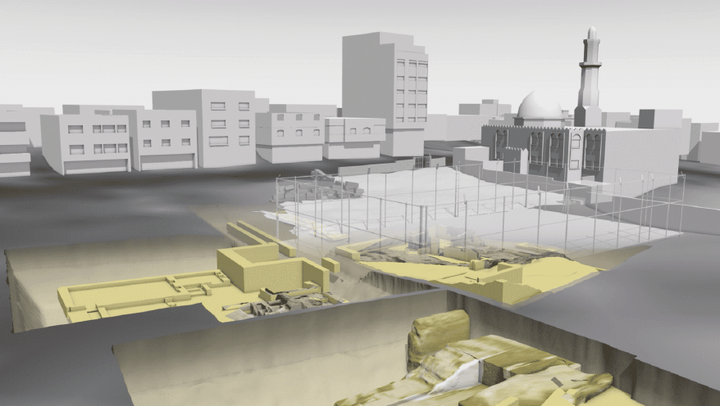 Schichten der Stätte, von der Vergangenheit bis zur Gegenwart: rechts eine Moscheeund öffentliche Sporteinrichtungen, die über dem Gelände errichtet wurden.© Forensic Architecture, 202