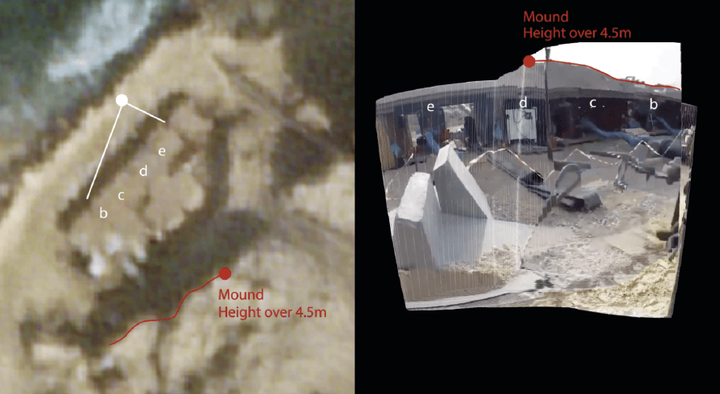Satellitenaufnahmen von 8. Oktober bis 10. Dezember 2023 zeigen die Errichtungvon israelischer Wasserpumpeninfrastruktur in und um die archäologische Stätte,© Forensic Architecture, 2023; Satellitenbild: ©️ Planet Labs PBC, 2