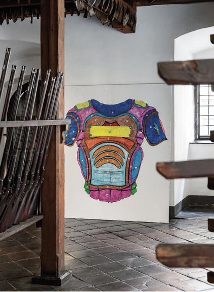 Franz Kapfer, <i>Atlanten</i>, Schnittschablone, 2022 – 24, Ausstellungsansicht, Intervention im Landeszeughaus Graz, Foto: kunstdokumentation.comg