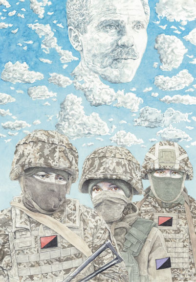 Davyd Chychkan, Nestor Makhno und seine internationale Nachfolgerschaft in den Reihen der ukrainischen Streitkräfte, Aquarell, Format ca. A2, 2024