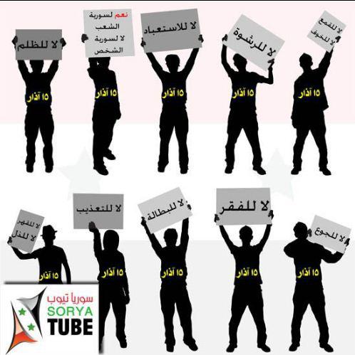 With the date March 15, the T-shirts refer to the beginning of the revolution. On the banners are the demands of the people: No to oppression! No to fear! No to torture! No to poverty! Yes to Syria! etc.
