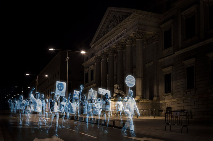 Hologram protest by the group No Somos Delito, Madrid 2015