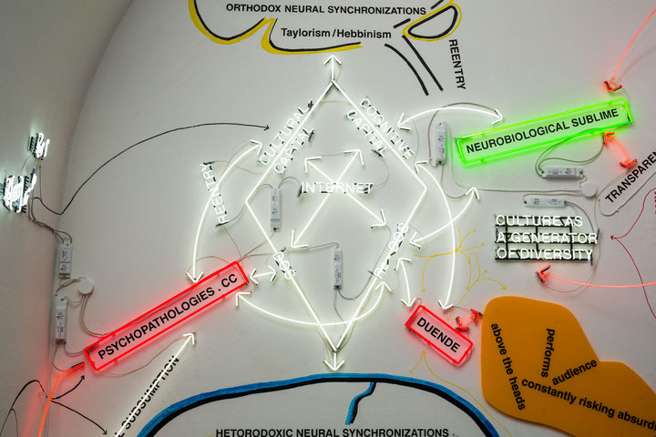 Warren Neidich, <i>Duende Neon</i>, 2014, neon installation in the exhibition <i>Connecting Sound Etc. Cable Works, Cable Sounds, Cables Everywhere</i>, freiraum quartier21 INTERNATIONAL, summer 2014, courtesy: Warren Neidich , Photo: Manuel Carreon Lopez