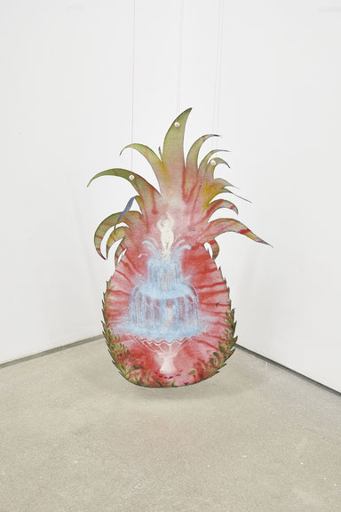 Sophia Mairer  <i>Ananas</i>, 2019  Tinte, Acryl, Öl, Nagellack, Papiergewebe, Faden, Magnete In Auftrag gegeben von Taxispalais Kunsthalle Tirol für die Ausstellung <i>Lachen</i>  Courtesy: Iman Issa, Foto: Günter Kresser